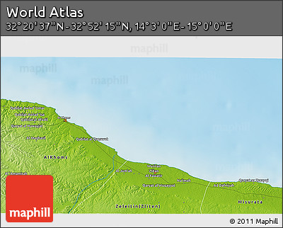 Physical 3D Map of the Area around 32° 36' 26" N, 14° 31' 30" E