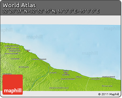 Physical 3D Map of the Area around 32° 36' 26" N, 14° 31' 30" E