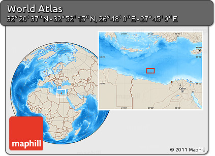 Shaded Relief Location Map of the Area around 32° 36' 26" N, 27° 16' 29" E