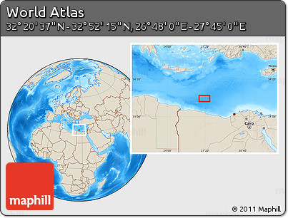 Shaded Relief Location Map of the Area around 32° 36' 26" N, 27° 16' 29" E