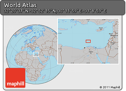 Gray Location Map of the Area around 32° 36' 26" N, 30° 40' 29" E