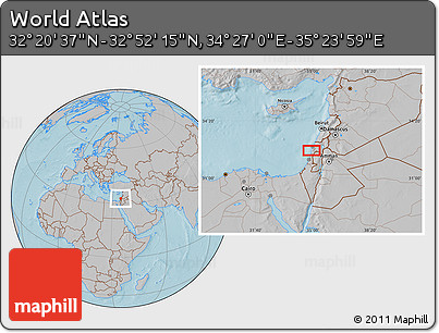 Gray Location Map of the Area around 32° 36' 26" N, 34° 55' 29" E, hill shading