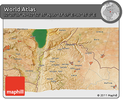 Satellite 3D Map of the Area around 32° 36' 26" N, 35° 46' 29" E