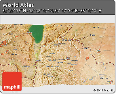 Satellite 3D Map of the Area around 32° 36' 26" N, 35° 46' 29" E
