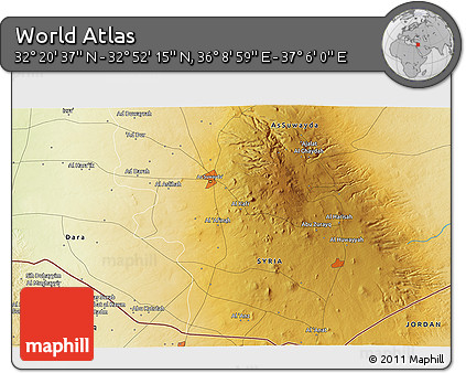Physical 3D Map of the Area around 32° 36' 26" N, 36° 37' 30" E
