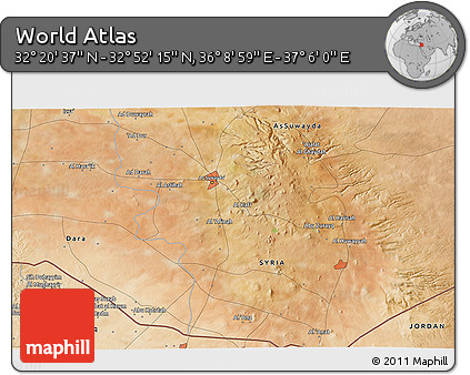 Satellite 3D Map of the Area around 32° 36' 26" N, 36° 37' 30" E