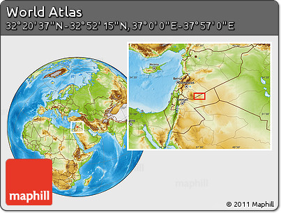 Physical Location Map of the Area around 32° 36' 26" N, 37° 28' 30" E
