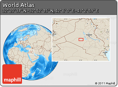 Shaded Relief Location Map of the Area around 32° 36' 26" N, 42° 34' 30" E