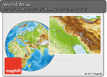 Physical Location Map of the Area around 32° 36' 26" N, 48° 31' 29" E