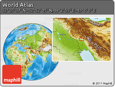 Physical Location Map of the Area around 32° 36' 26" N, 48° 31' 29" E