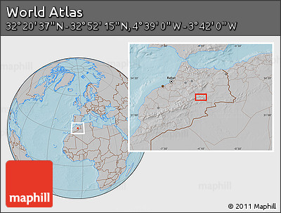 Gray Location Map of the Area around 32° 36' 26" N, 4° 10' 30" W, hill shading