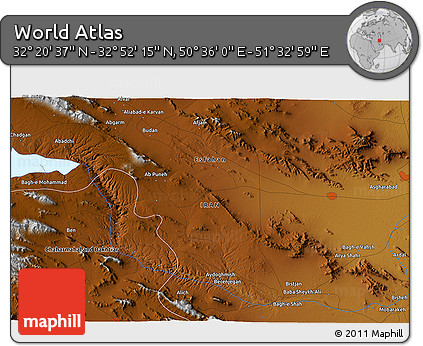 Physical 3D Map of the Area around 32° 36' 26" N, 51° 4' 30" E