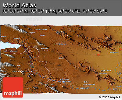 Physical 3D Map of the Area around 32° 36' 26" N, 51° 4' 30" E