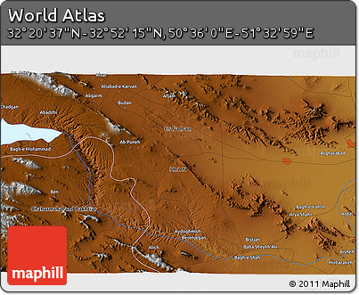 Physical 3D Map of the Area around 32° 36' 26" N, 51° 4' 30" E