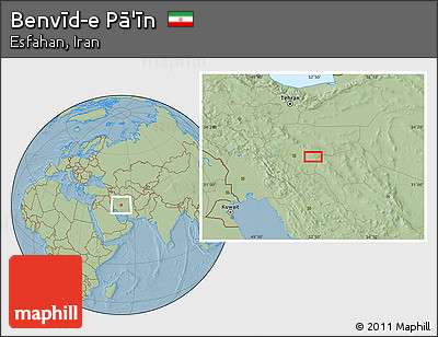 Savanna Style Location Map of Benvīd-e Pā'īn, hill shading