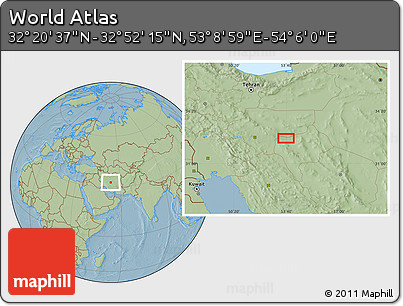 Savanna Style Location Map of the Area around 32° 36' 26" N, 53° 37' 30" E, hill shading
