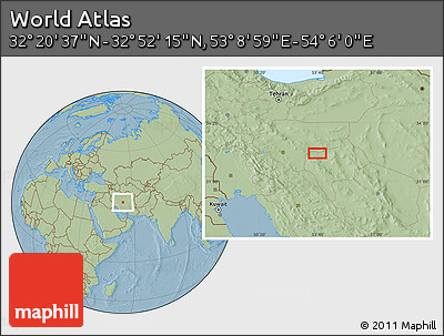 Savanna Style Location Map of the Area around 32° 36' 26" N, 53° 37' 30" E, hill shading