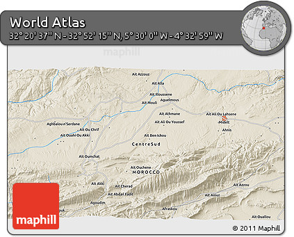 Shaded Relief 3D Map of the Area around 32° 36' 26" N, 5° 1' 30" W