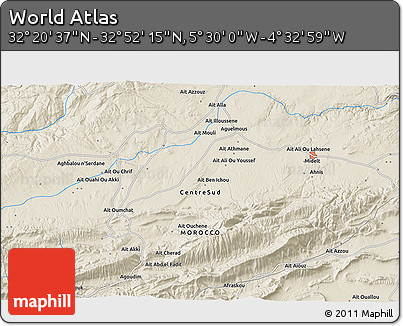 Shaded Relief 3D Map of the Area around 32° 36' 26" N, 5° 1' 30" W