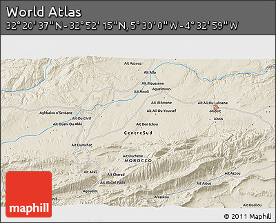 Shaded Relief 3D Map of the Area around 32° 36' 26" N, 5° 1' 30" W