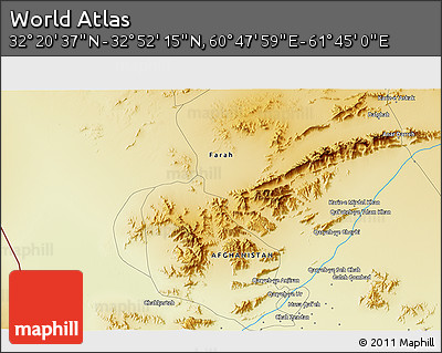 Physical 3D Map of the Area around 32° 36' 26" N, 61° 16' 29" E