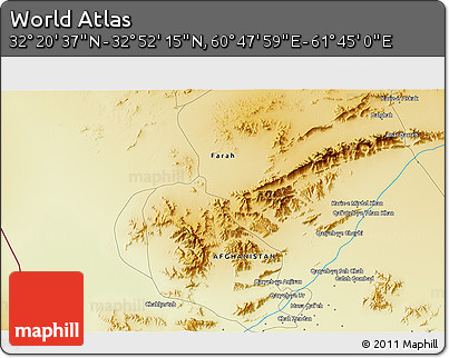 Physical 3D Map of the Area around 32° 36' 26" N, 61° 16' 29" E
