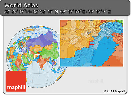 Political Location Map of the Area around 32°&nbsp;36'&nbsp;26"&nbsp;N,&nbsp;69°&nbsp;46'&nbsp;30"&nbsp;E