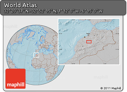 Gray Location Map of the Area around 32° 36' 26" N, 6° 43' 29" W, hill shading