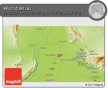 Physical 3D Map of the Area around 32° 36' 26" N, 71° 28' 29" E