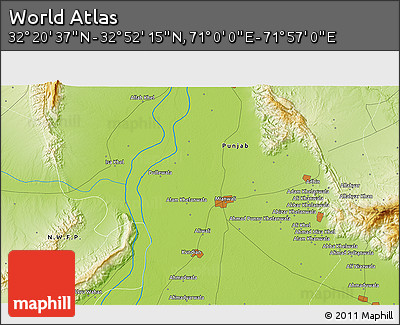 Physical 3D Map of the Area around 32° 36' 26" N, 71° 28' 29" E
