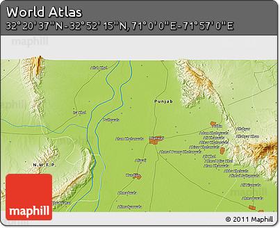 Physical 3D Map of the Area around 32° 36' 26" N, 71° 28' 29" E
