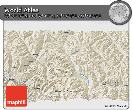 Shaded Relief 3D Map of the Area around 32° 36' 26" N, 77° 25' 30" E