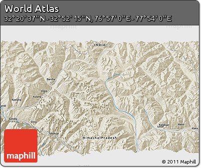 Shaded Relief 3D Map of the Area around 32° 36' 26" N, 77° 25' 30" E