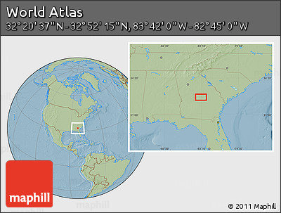 Savanna Style Location Map of the Area around 32° 36' 26" N, 83° 13' 29" W, hill shading