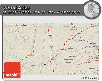 Shaded Relief 3D Map of the Area around 32° 36' 26" N, 88° 19' 29" W