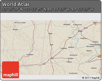 Shaded Relief 3D Map of the Area around 32° 36' 26" N, 88° 19' 29" W