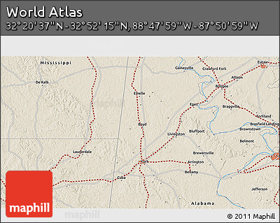 Shaded Relief 3D Map of the Area around 32° 36' 26" N, 88° 19' 29" W