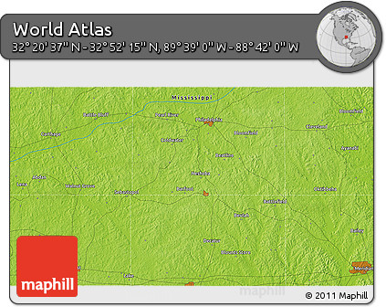 Physical 3D Map of the Area around 32° 36' 26" N, 89° 10' 30" W