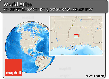 Shaded Relief Location Map of the Area around 32° 36' 26" N, 89° 10' 30" W