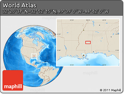 Shaded Relief Location Map of the Area around 32° 36' 26" N, 89° 10' 30" W