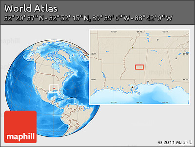 Shaded Relief Location Map of the Area around 32° 36' 26" N, 89° 10' 30" W