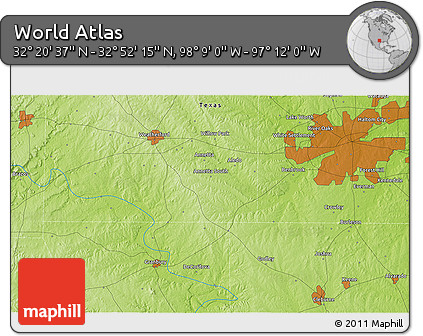 Physical 3D Map of the Area around 32° 36' 26" N, 97° 40' 30" W