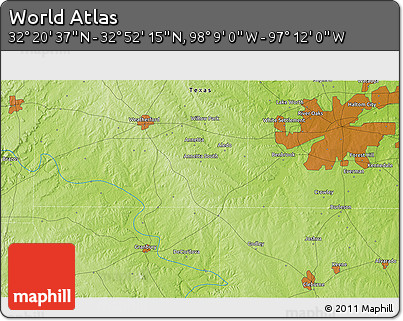 Physical 3D Map of the Area around 32° 36' 26" N, 97° 40' 30" W