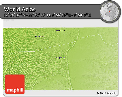 Physical 3D Map of the Area around 32° 36' 26" N, 9° 25' 30" E