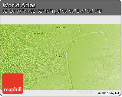 Physical 3D Map of the Area around 32° 36' 26" N, 9° 25' 30" E