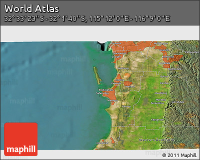 Satellite 3D Map of the Area around 32° 17' 31" S, 115° 40' 30" E