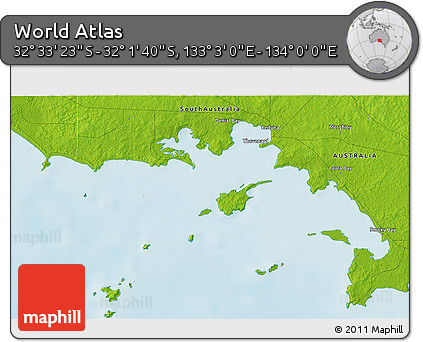 Physical 3D Map of the Area around 32° 17' 31" S, 133° 31' 30" E