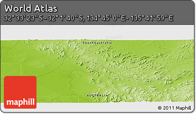 Physical Panoramic Map of the Area around 32° 17' 31" S, 135° 13' 29" E