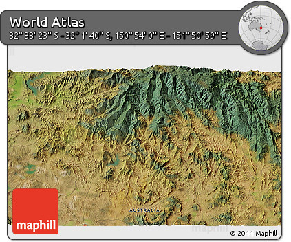 Satellite 3D Map of the Area around 32° 17' 31" S, 151° 22' 30" E