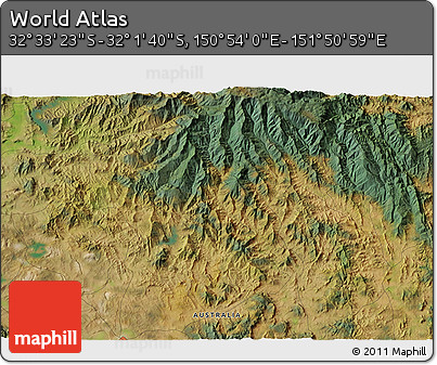 Satellite 3D Map of the Area around 32° 17' 31" S, 151° 22' 30" E